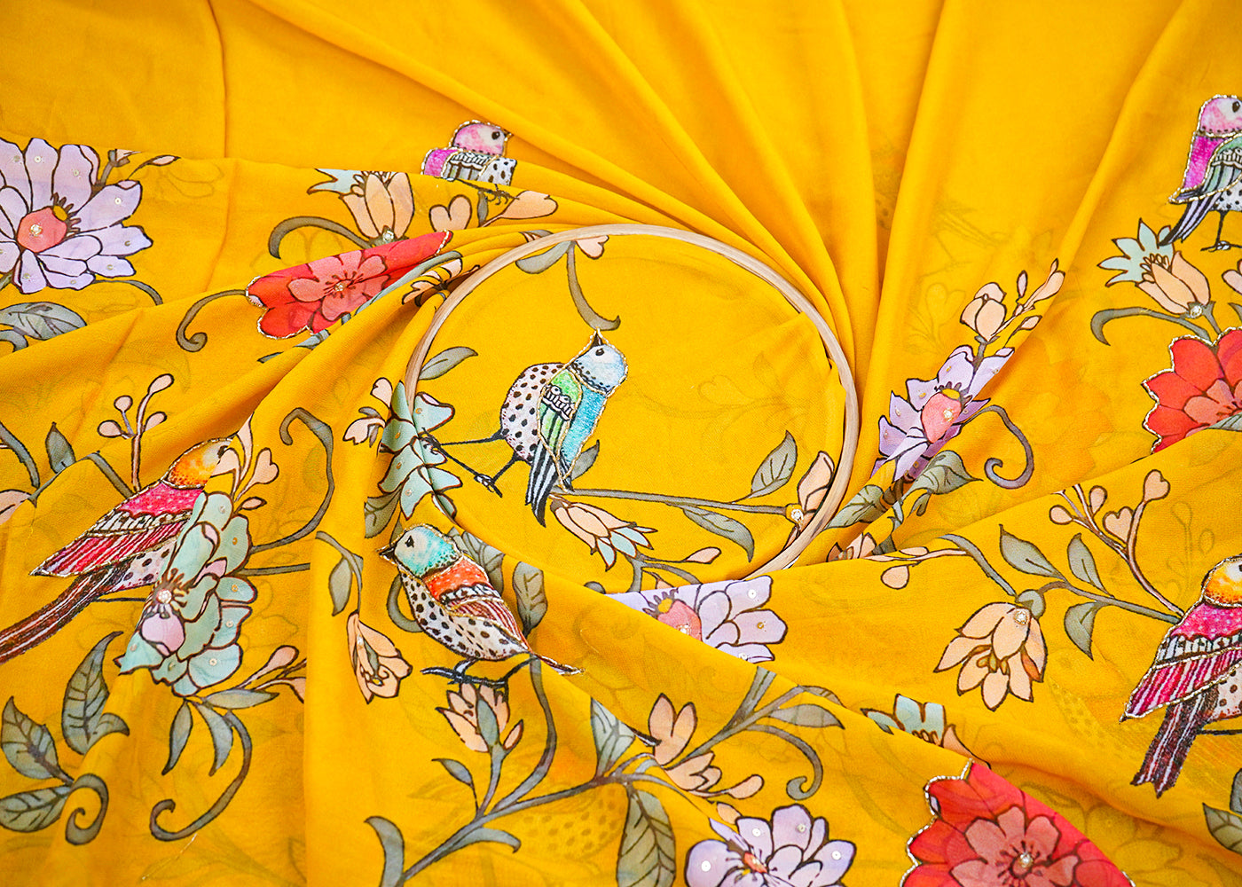 Mustard Georgette Fabric with Allover Traditional Print and Katdana, Bead and Sequins Work 19679