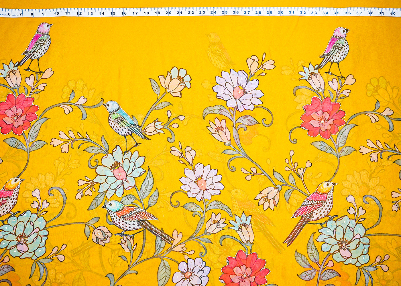 Mustard Georgette Fabric with Allover Traditional Print and Katdana, Bead and Sequins Work 19679