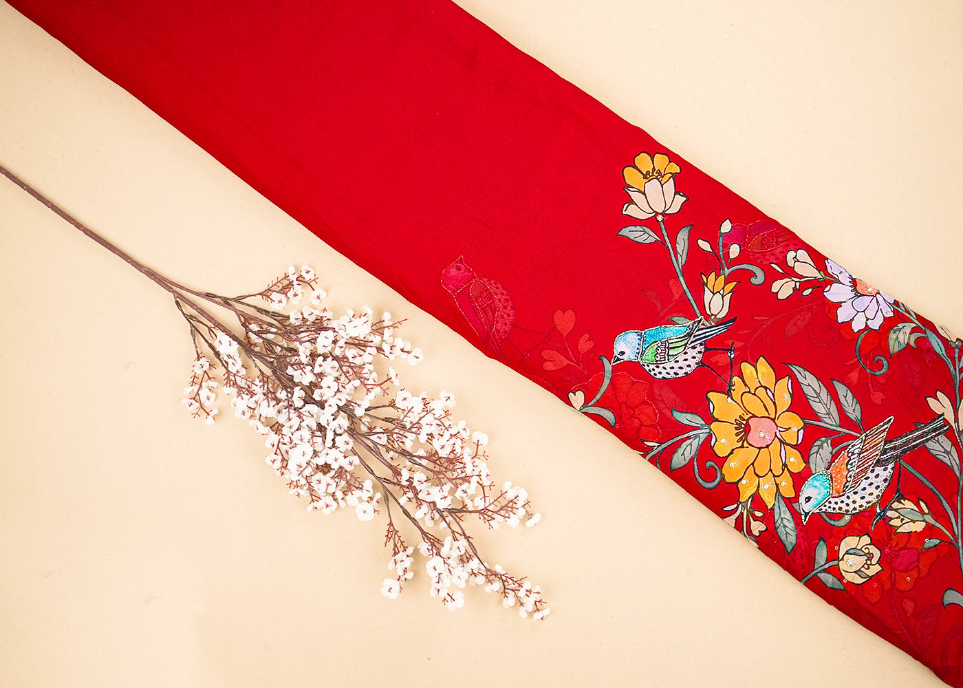 Red Georgette Fabric with Allover Traditional Print and Katdana, Bead and Sequins Work 19680