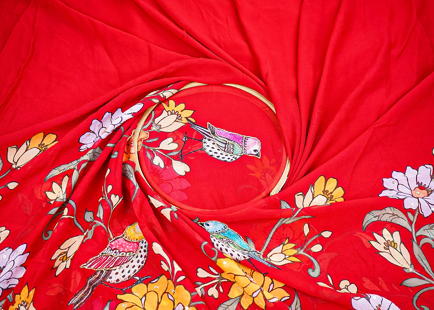 Red Georgette Fabric with Allover Traditional Print and Katdana, Bead and Sequins Work 19680