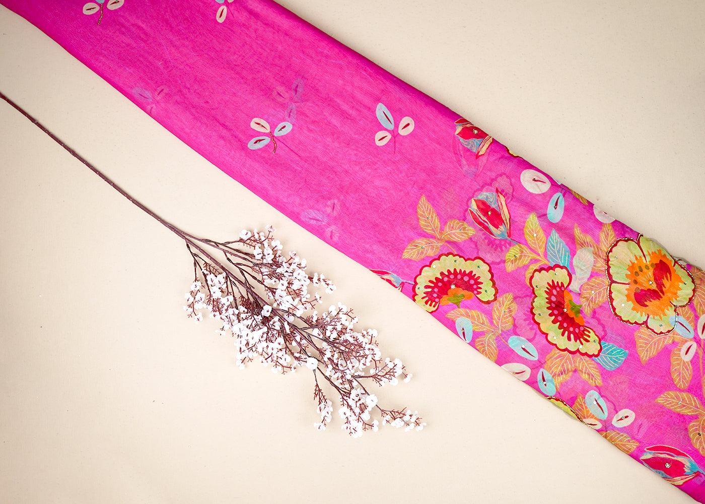 Pink Georgette Printed Fabric Embellished with Pearl, Sequins and Katdana Work With One-Side Border 19682