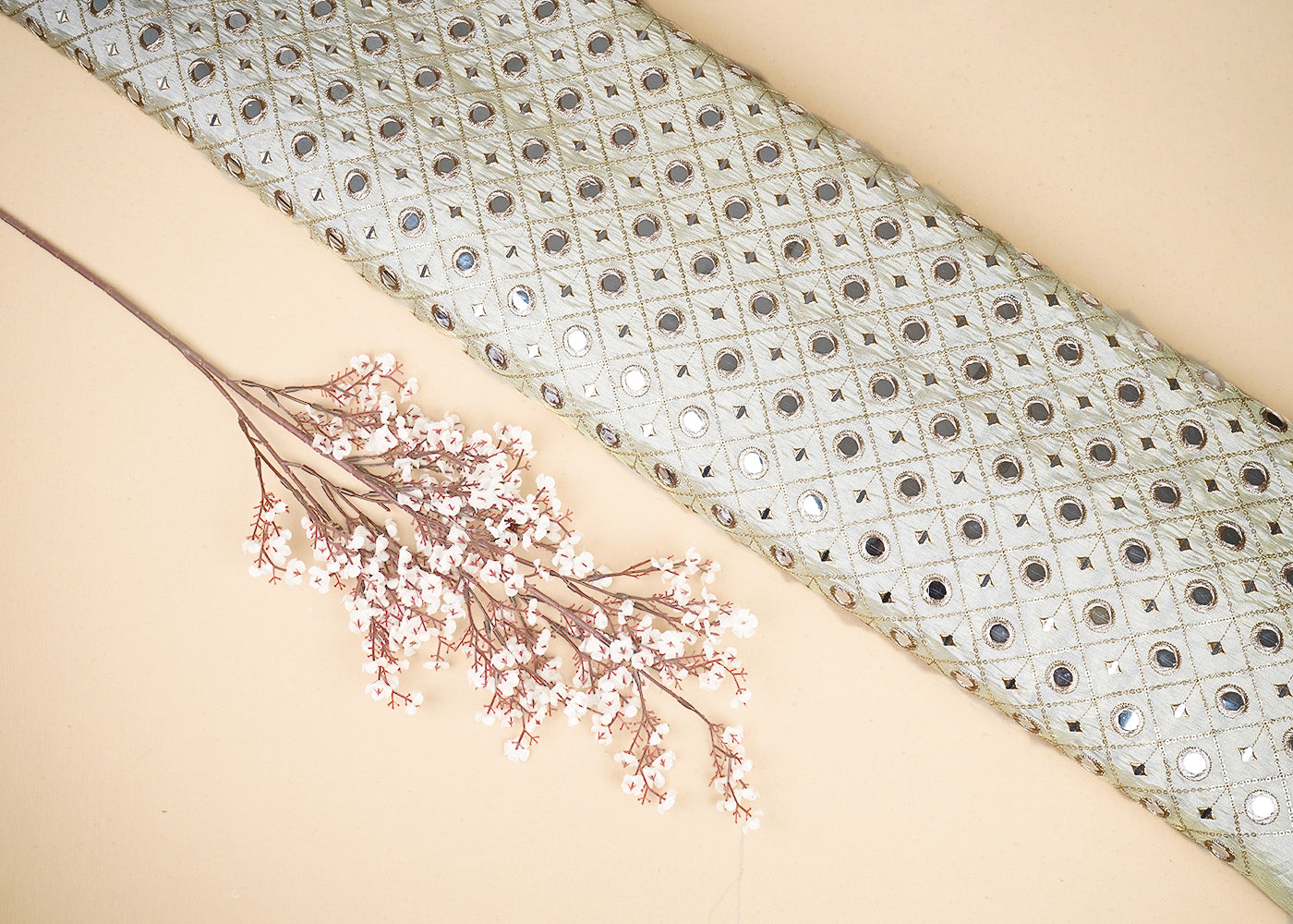 Golden Tissue Fabric with Allover Golden Thread, Sequins and Faux Mirror Work 19687