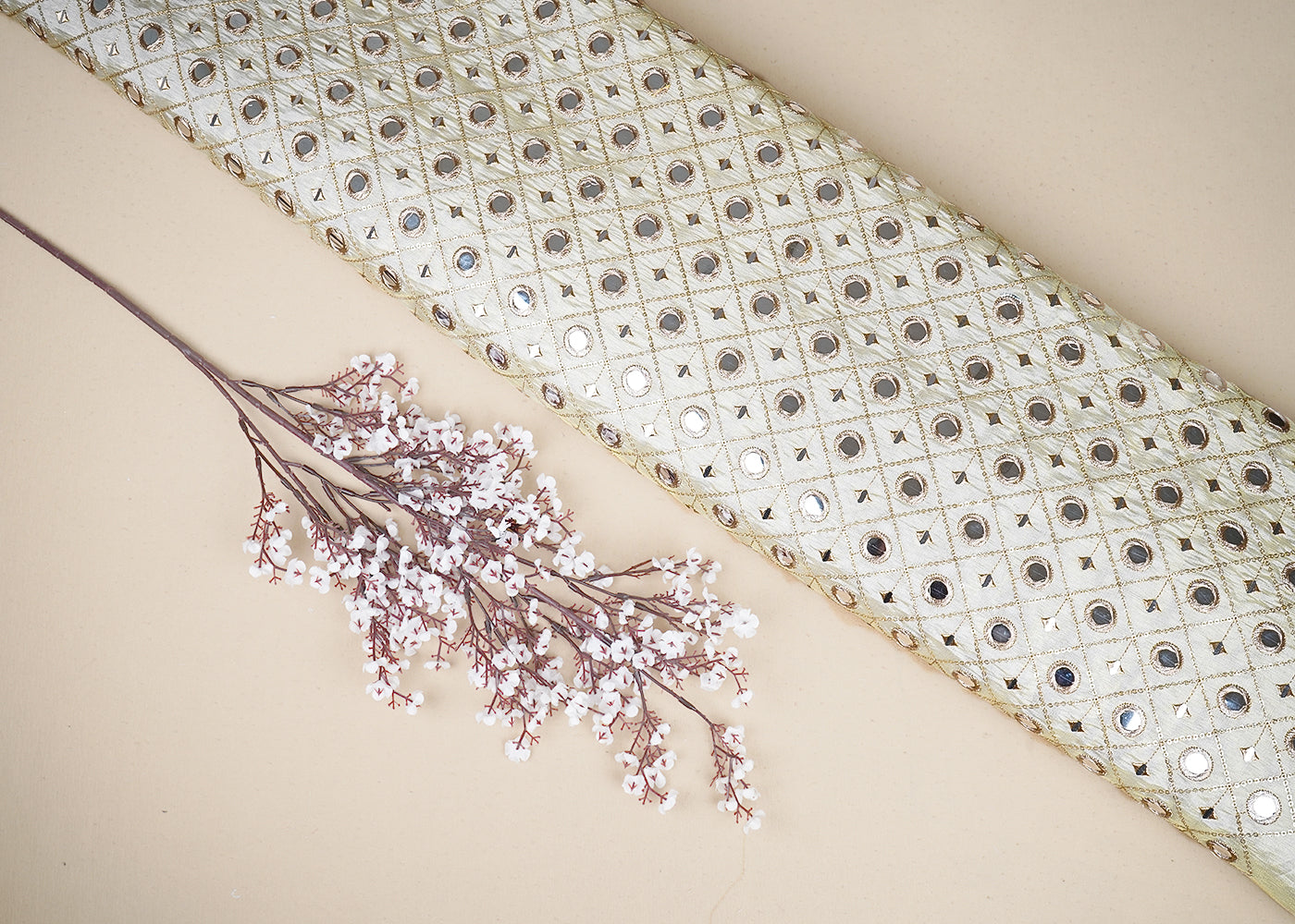 Golden Tissue Fabric with Allover Golden Thread, Sequins and Faux Mirror Work 19687