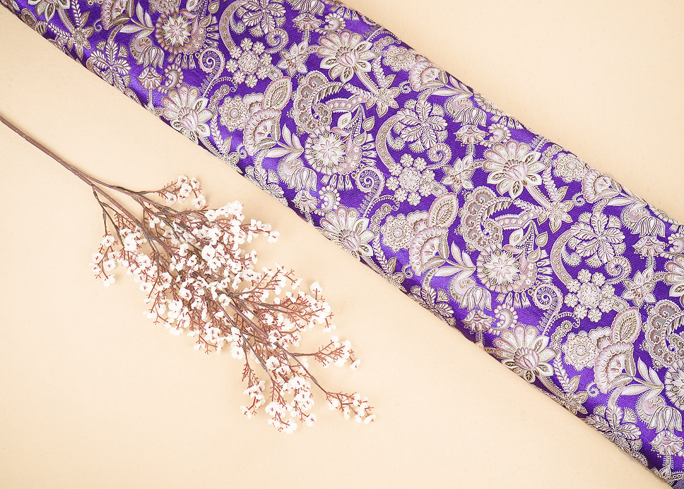 Purple Banarasi Silk Fabric with Allover Traditional Print and Zari Work 19691