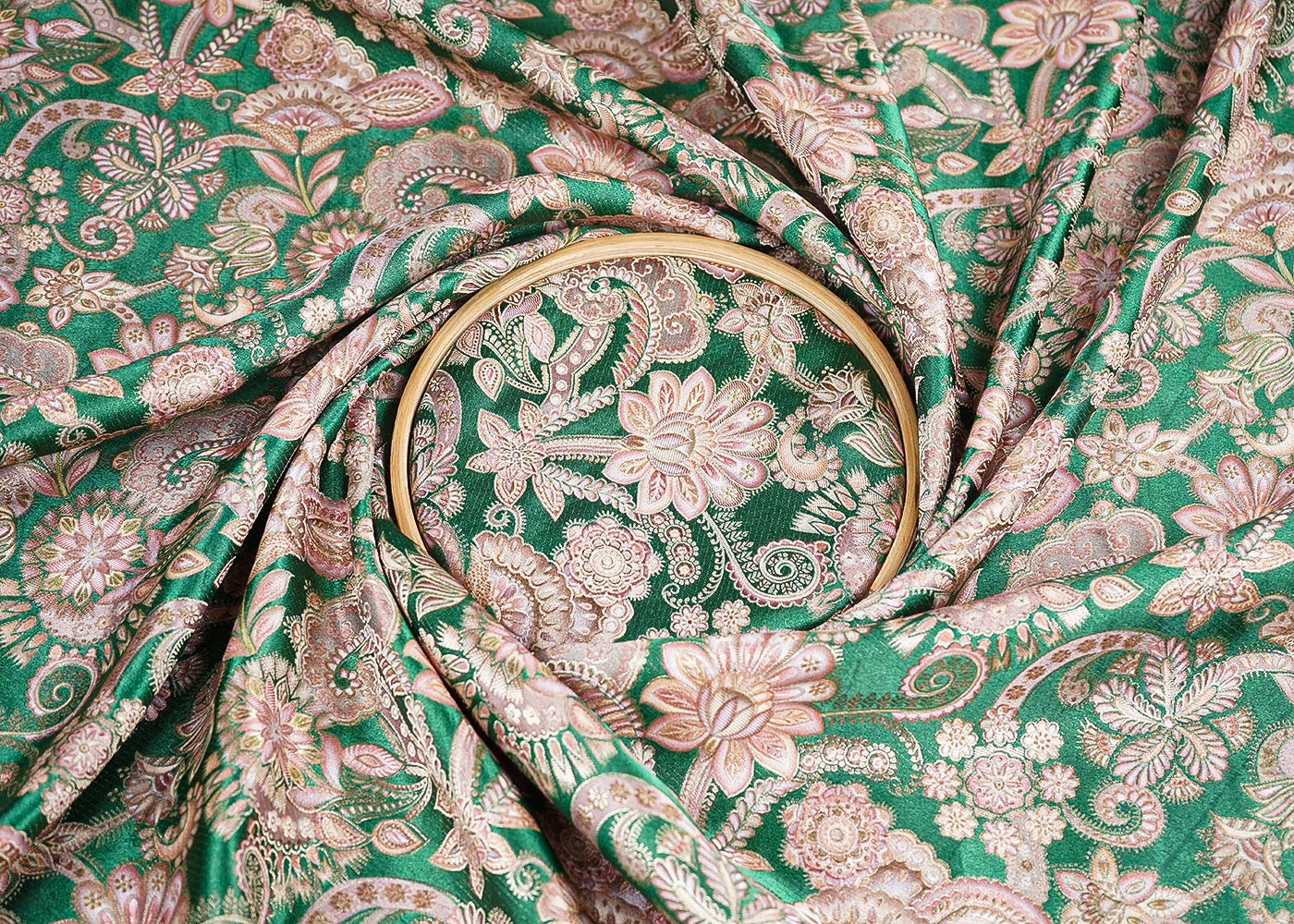 Green Banarasi Silk Fabric with Allover Traditional Print and Zari Work 19692