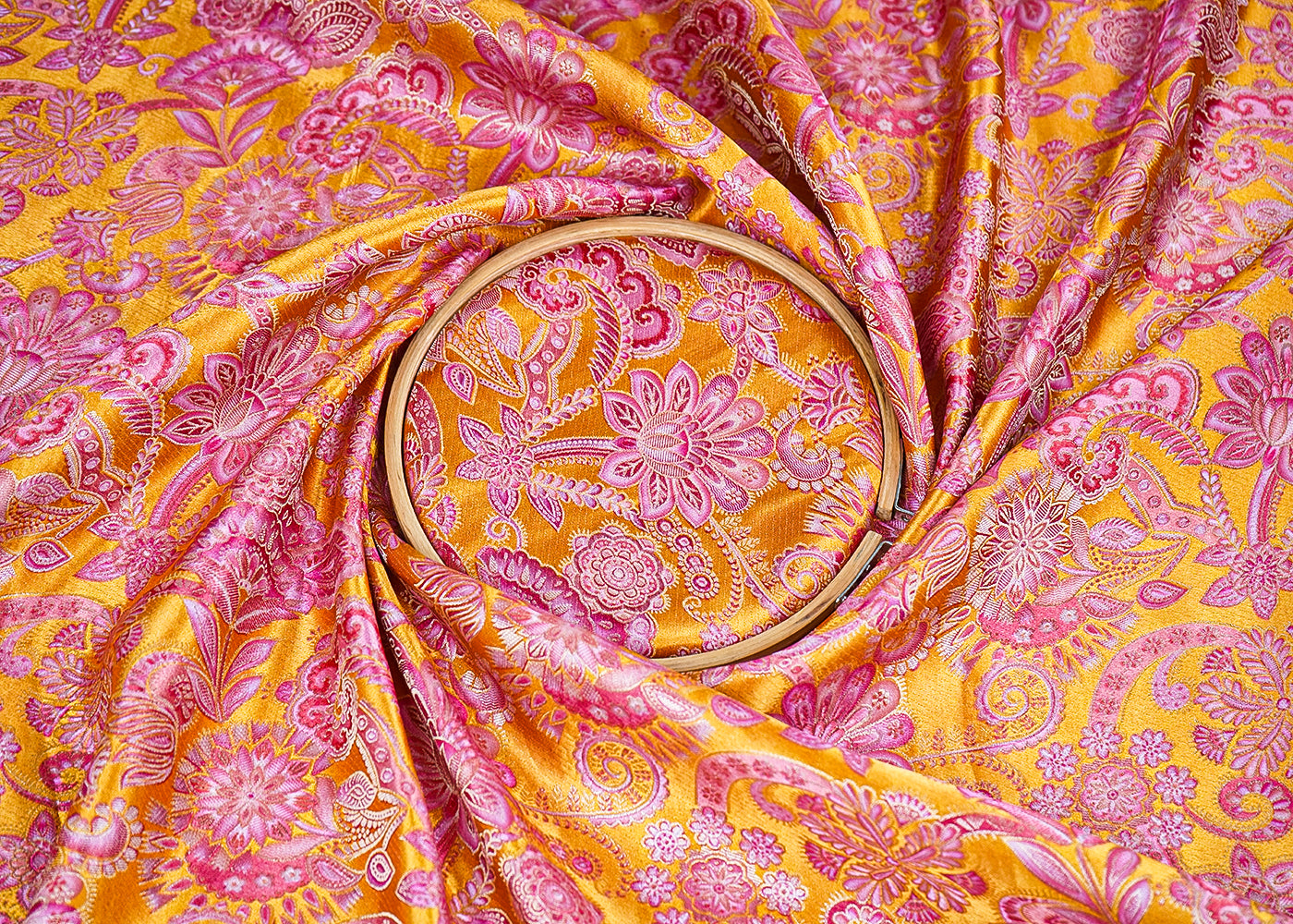 Mustard Banarasi Silk Fabric with Allover Traditional Print and Zari Work 19693