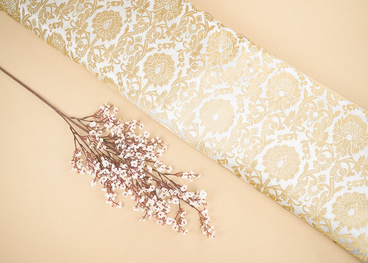 White Banarasi Brocade Fabric with Allover Golden Zari Handloom 19695