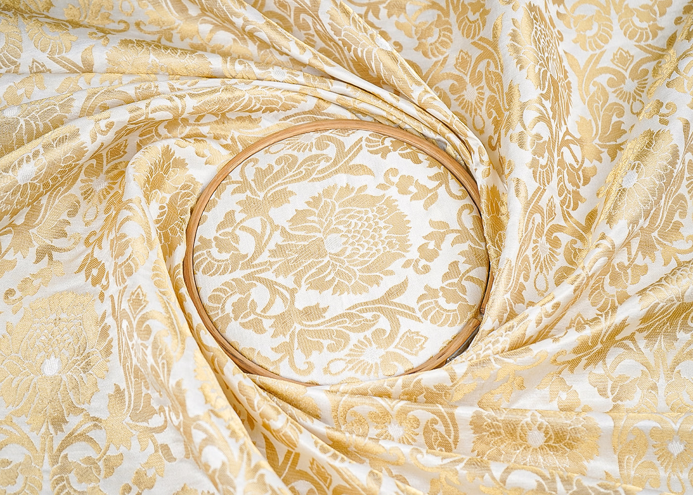 White Banarasi Brocade Fabric with Allover Golden Zari Handloom 19695