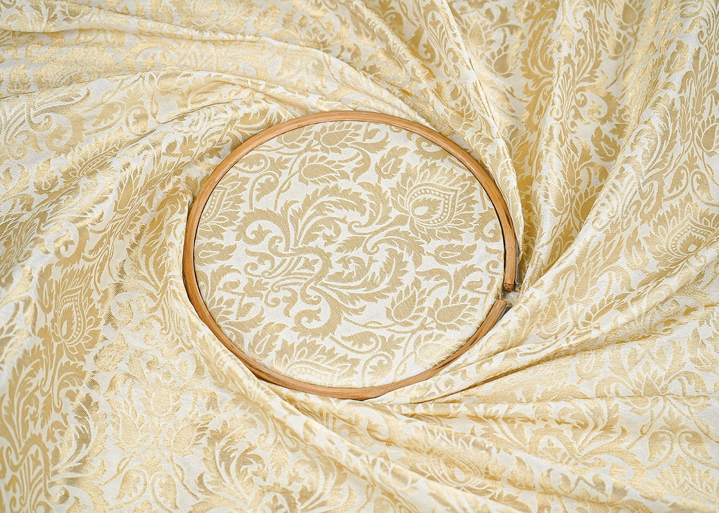 Off White Banarasi Brocade Fabric with Allover Golden Zari Handloom 19696