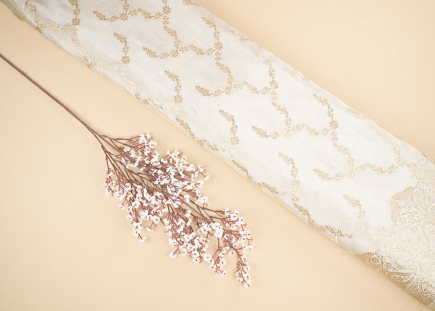 Light Golden Banarasi Tissue Fabric with Allover Golden Zari Handloom and One-Side Border 19697