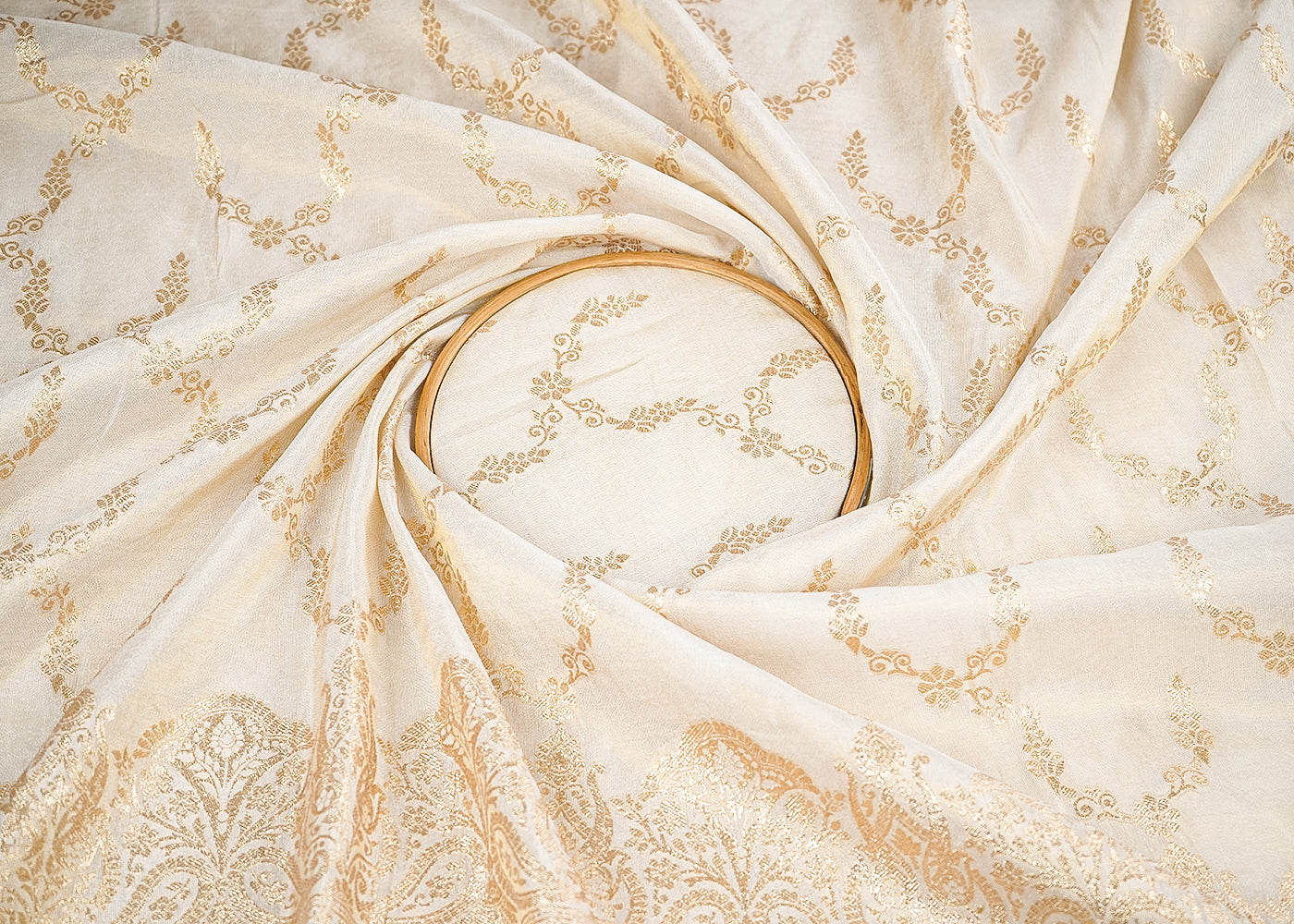 Light Golden Banarasi Tissue Fabric with Allover Golden Zari Handloom and One-Side Border 19697