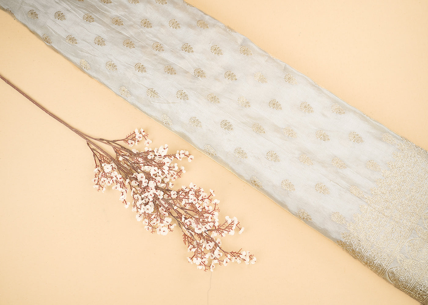 Light Golden Banarasi Tissue Fabric with Allover Golden Zari Handloom Buti and One-Side Border 19698