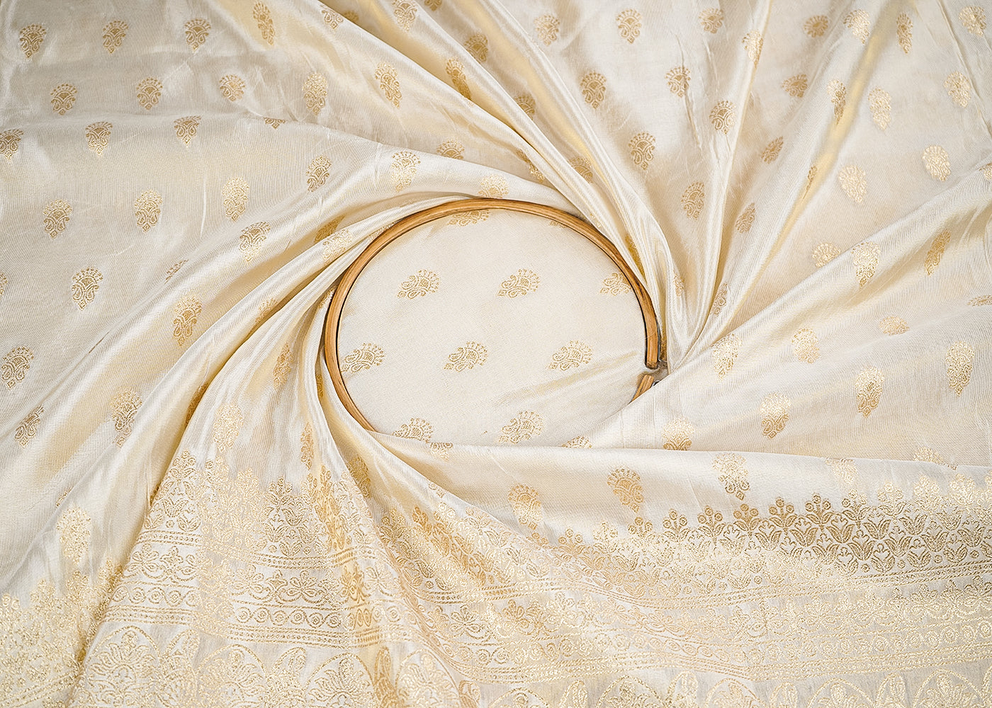 Light Golden Banarasi Tissue Fabric with Allover Golden Zari Handloom Buti and One-Side Border 19698