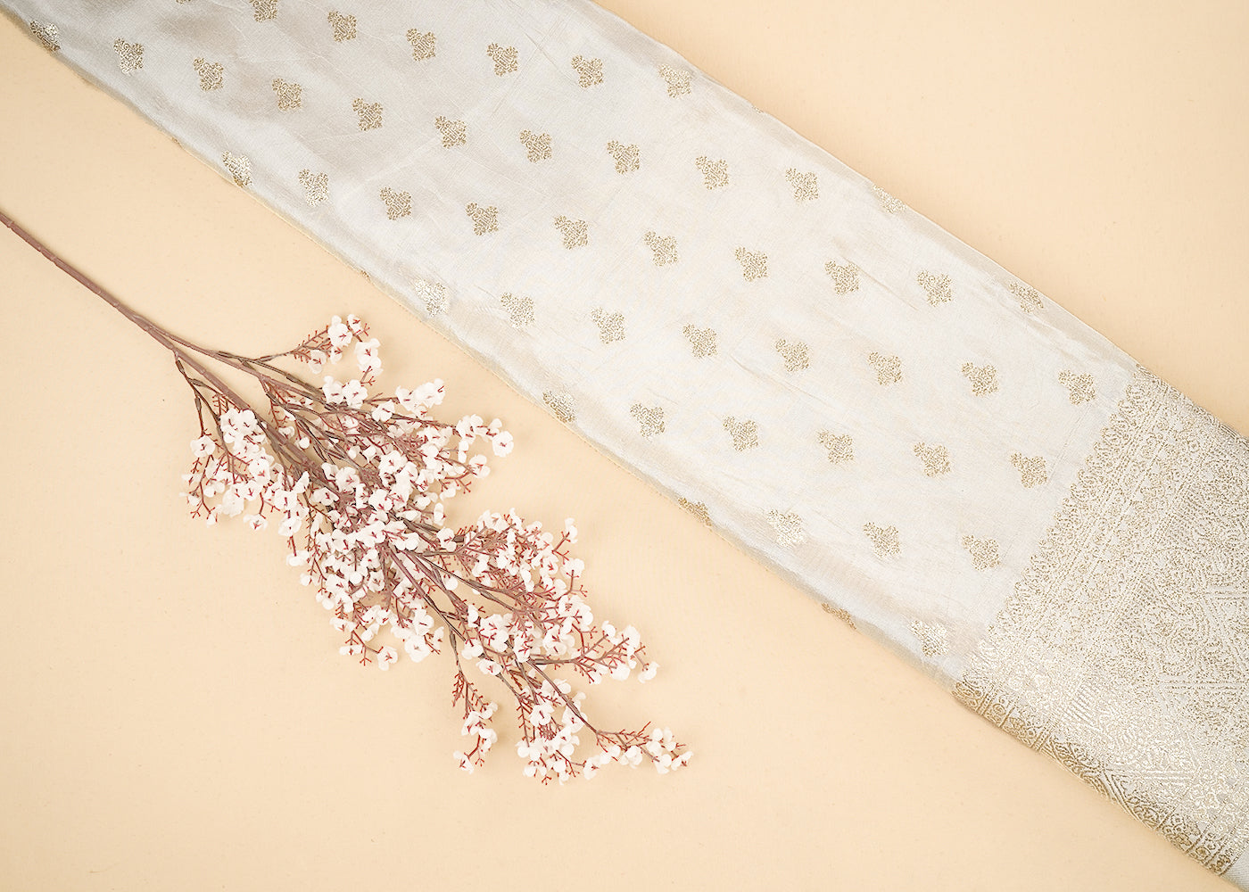 Light Golden Banarasi Tissue Fabric with Allover Golden Zari Handloom Buti and One-Side Border 19699