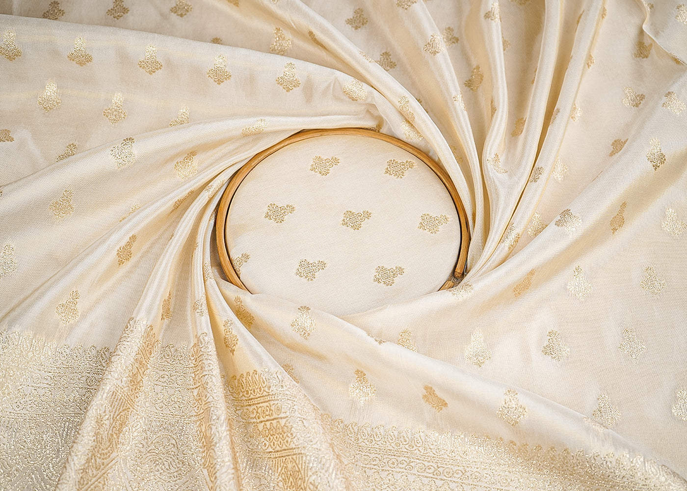 Light Golden Banarasi Tissue Fabric with Allover Golden Zari Handloom Buti and One-Side Border 19699
