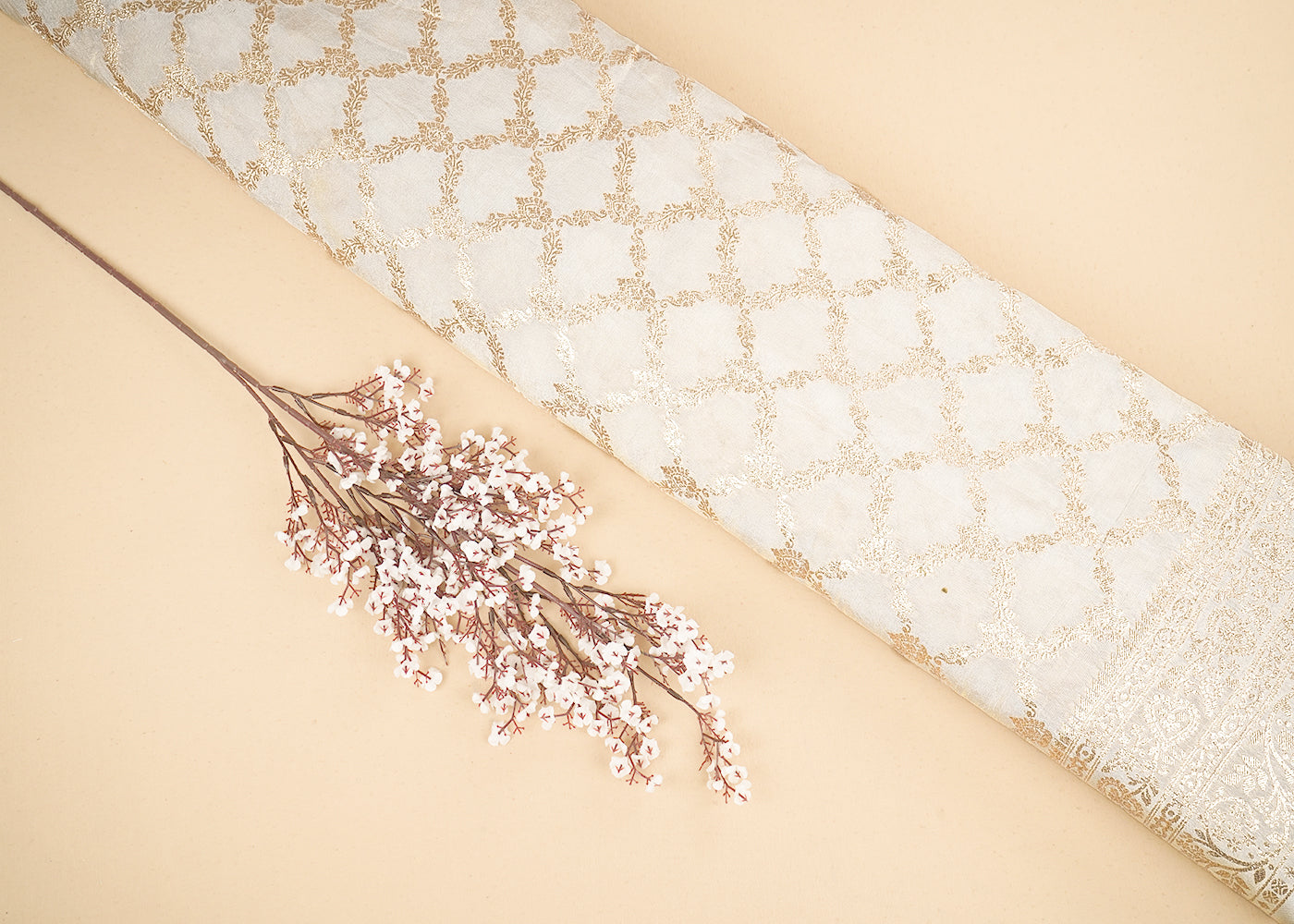 Light Golden Banarasi Tissue Fabric with Allover Golden Zari Handloom and One-Side Border 19700