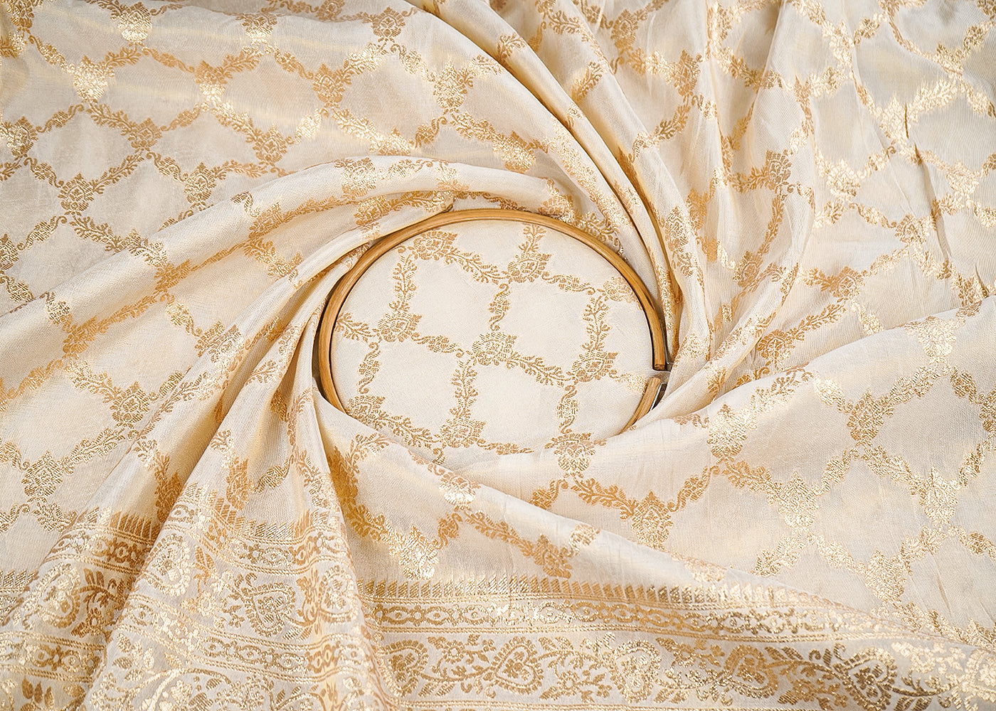 Light Golden Banarasi Tissue Fabric with Allover Golden Zari Handloom and One-Side Border 19700