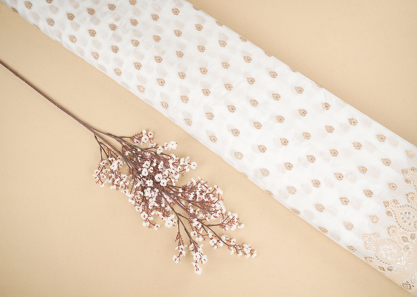 White Upada Silk Fabric with Allover Zari Handloom and One-Side Border 19702