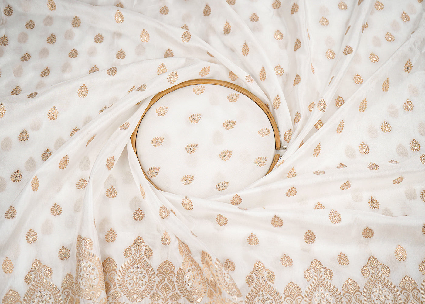 White Upada Silk Fabric with Allover Zari Handloom and One-Side Border 19702