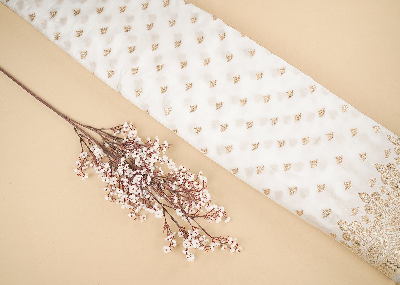 White Upada Silk Fabric with Allover Zari Handloom and One-Side Border 19703