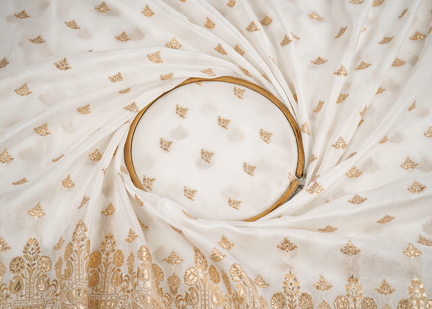 White Upada Silk Fabric with Allover Zari Handloom and One-Side Border 19703