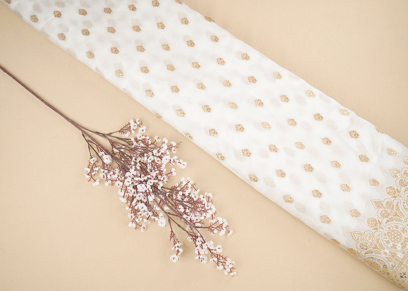 White Upada Silk Fabric with Allover Zari Handloom and One-Side Border 19704