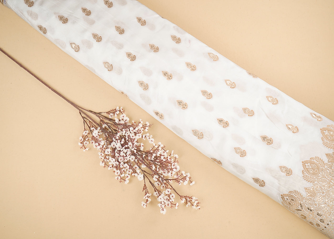 White Upada Silk Fabric with Allover Zari Handloom and One-Side Border 19705