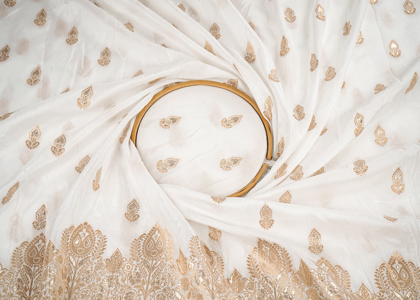 White Upada Silk Fabric with Allover Zari Handloom and One-Side Border 19705