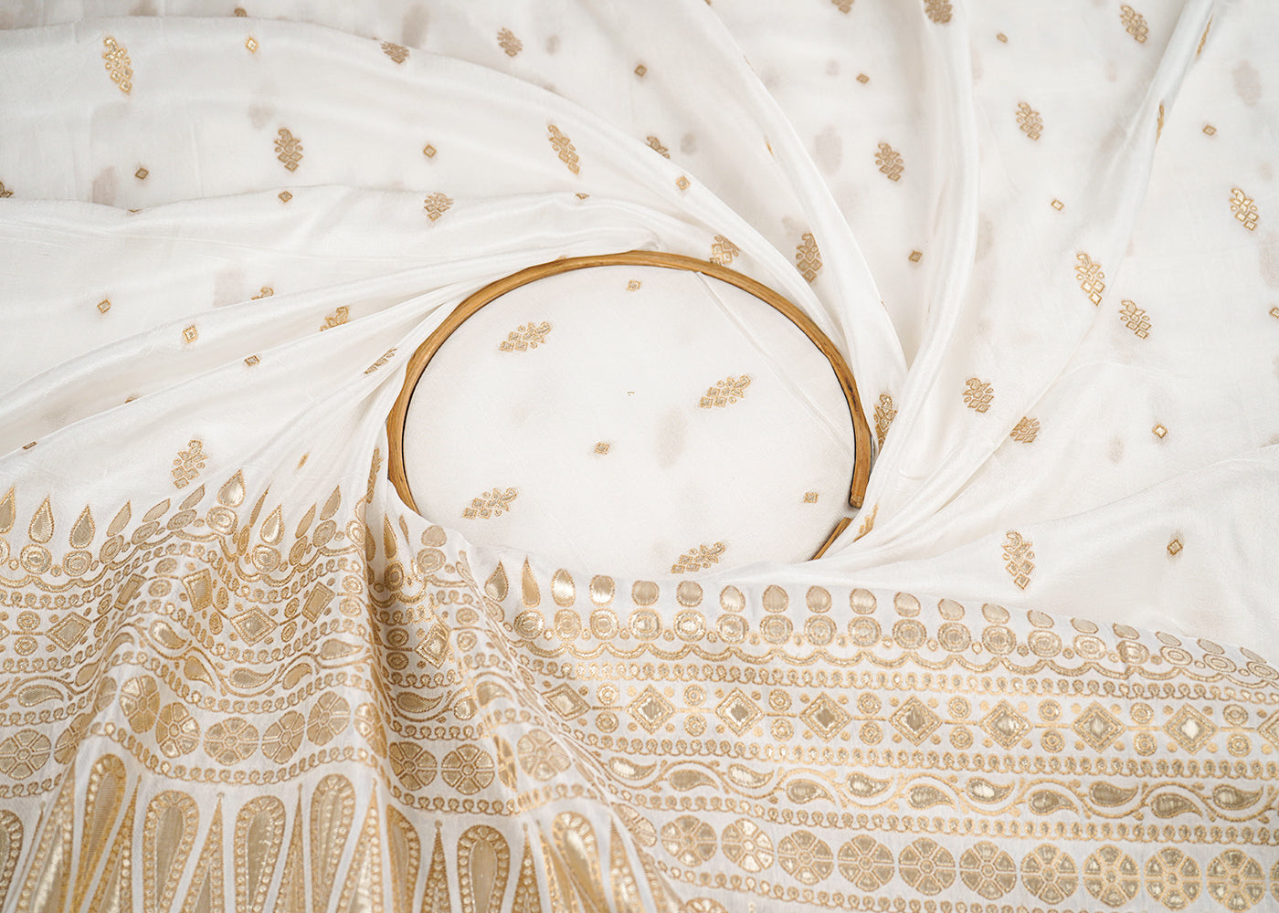 White Upada Silk Fabric with Allover Zari Handloom and One-Side Border 19706