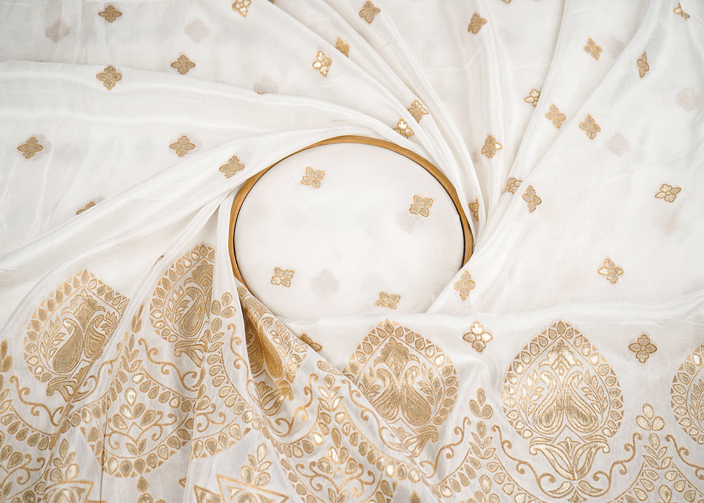 White Upada Silk Fabric with Allover Zari Handloom and One-Side Border 19707