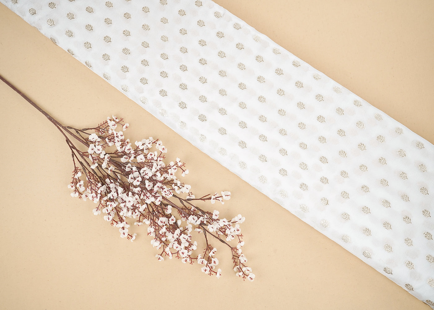 White Upada Silk Fabric with Allover Golden Zari Handloom 19708