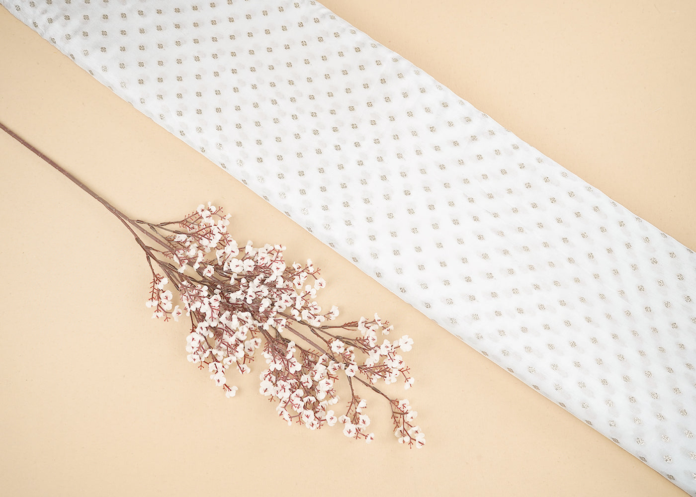 White Upada Silk Fabric with Allover Golden Zari Handloom and One-Side Border 19709