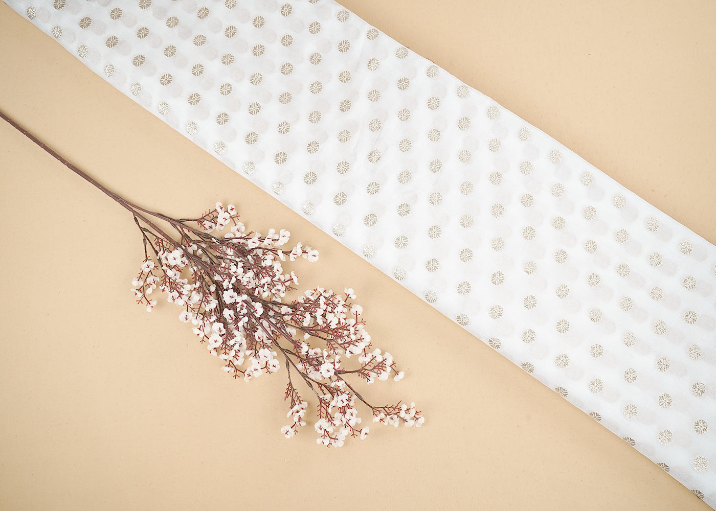 White Upada Silk Fabric with Allover Golden Zari Handloom 19710