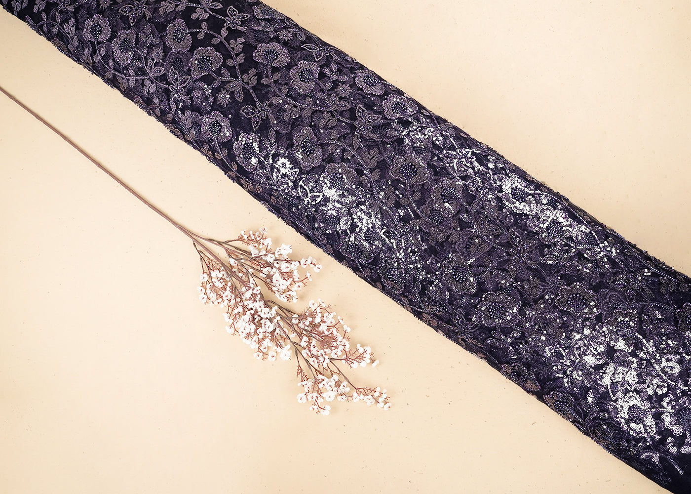 Graphite Purple Imported Net Fabric with Allover Bead, Sequins and Katdana Work 19713