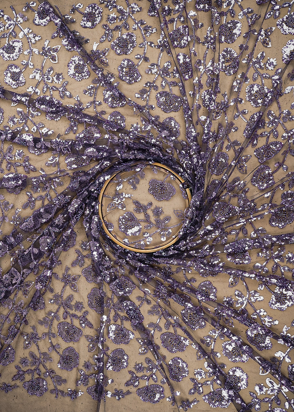 Graphite Purple Imported Net Fabric with Allover Bead, Sequins and Katdana Work 19713