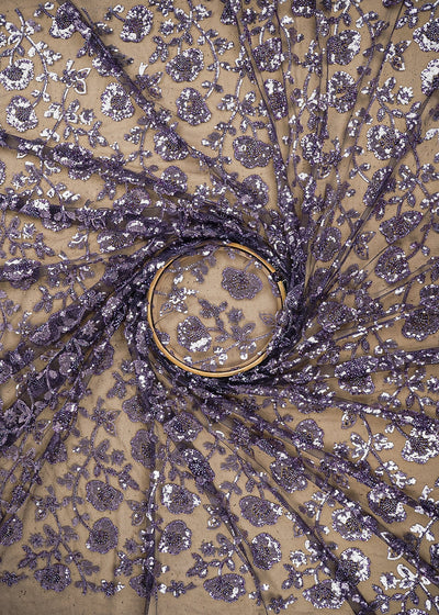 Graphite Purple Imported Net Fabric with Allover Bead, Sequins and Katdana Work 19713
