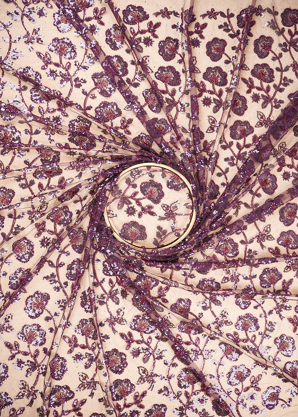 Wine Imported Net Fabric with Allover Bead, Sequins and Katdana Work 19716