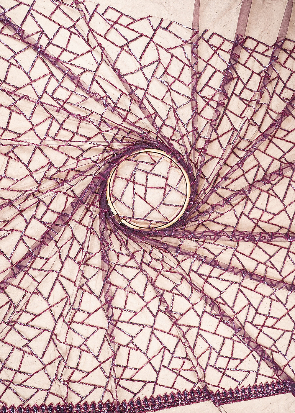 Wine Imported Net Fabric with Allover Sequins and Bead Work with One-Side Border 19717