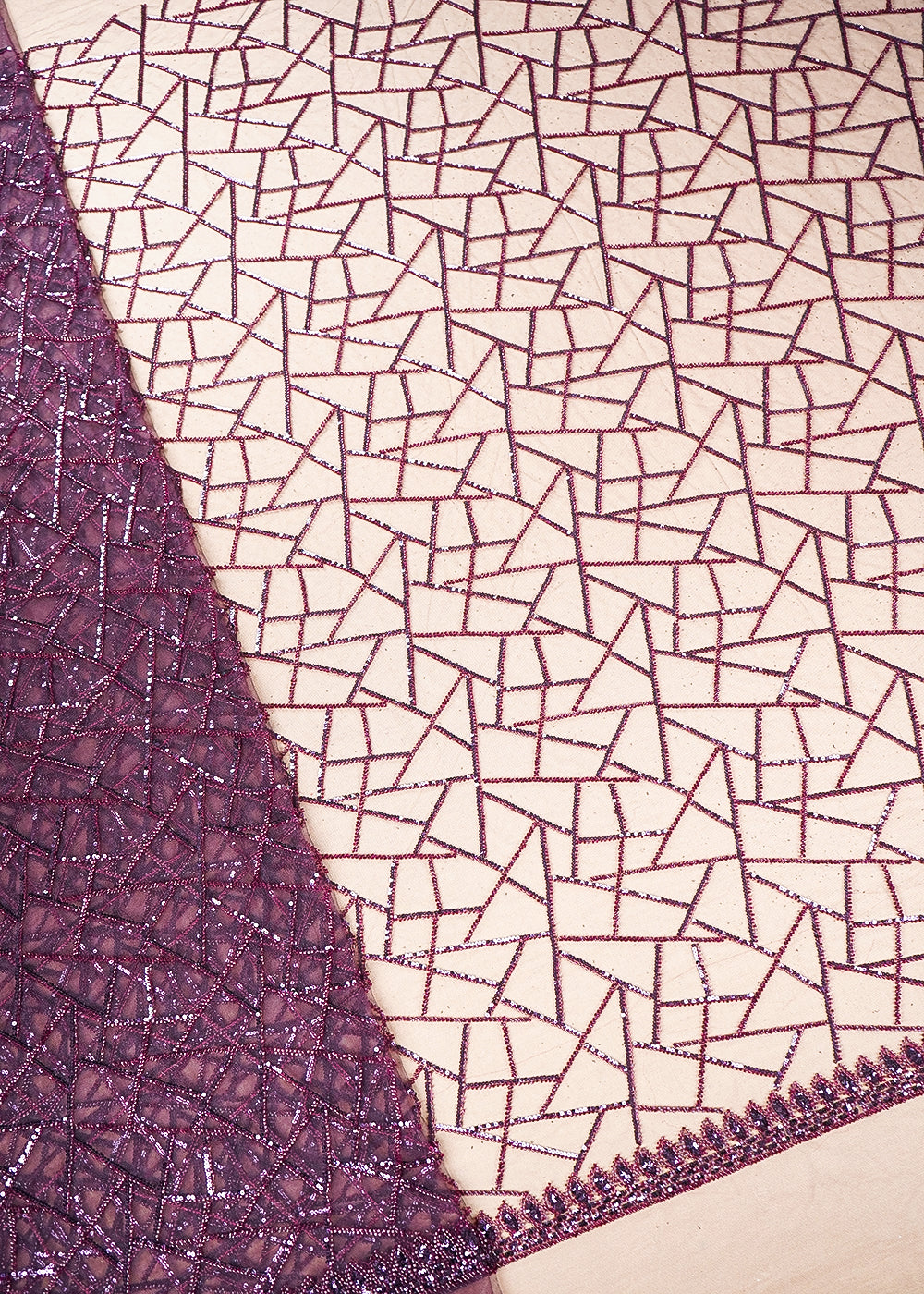 Wine Imported Net Fabric with Allover Sequins and Bead Work with One-Side Border 19717