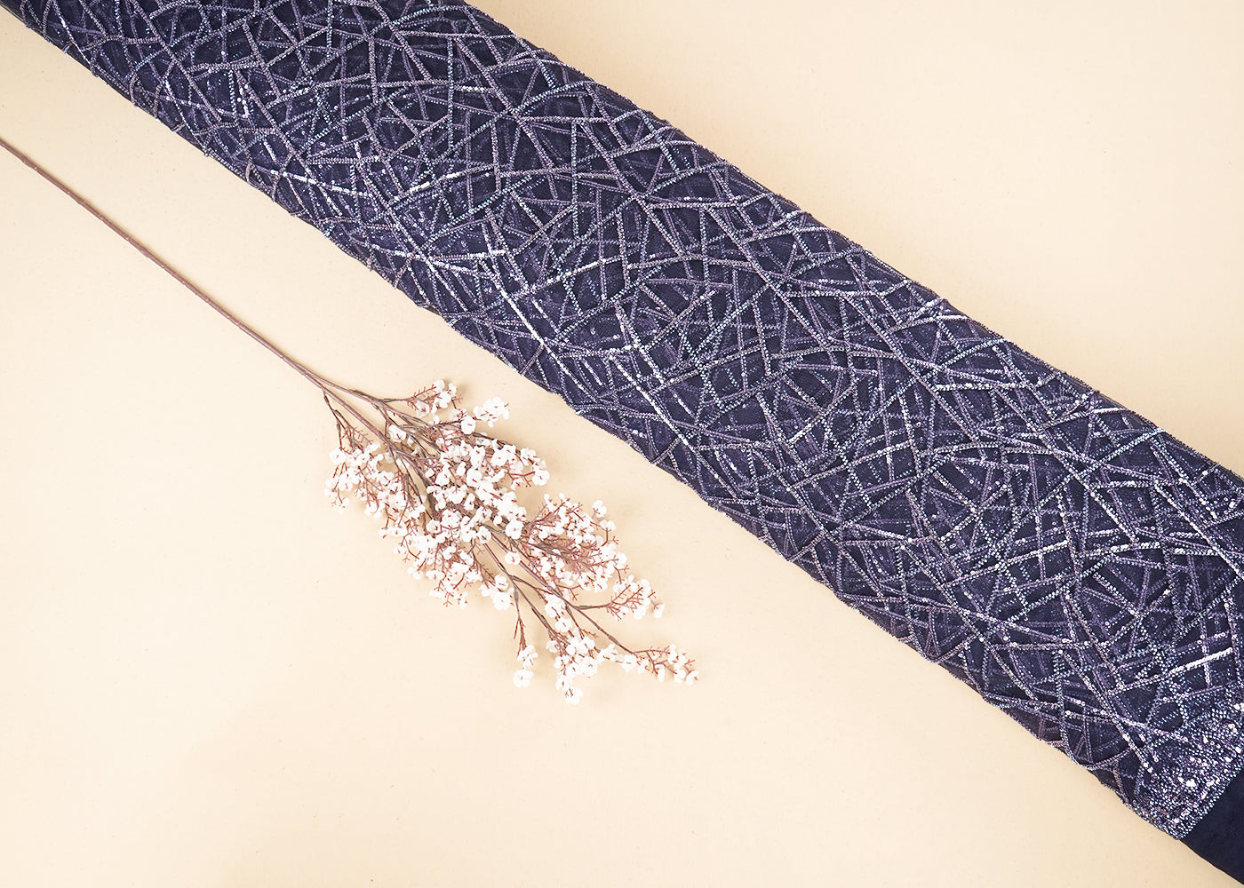 Graphite Purple Imported Net Fabric with Allover Sequins and Bead Work with One-Side Border 19718