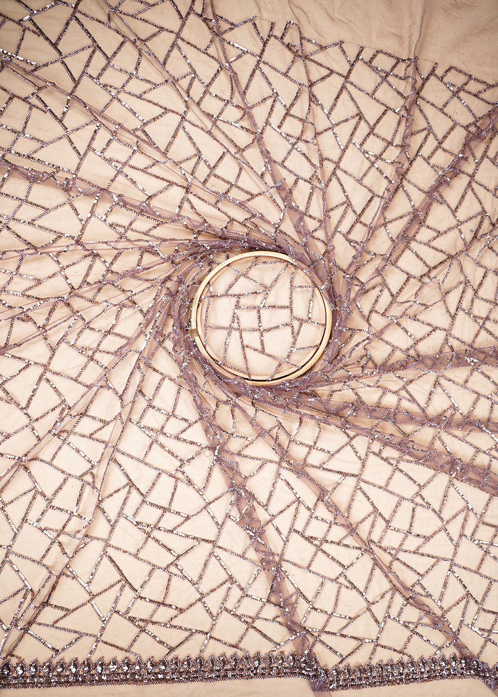 Light Coffee Brown Imported Net Fabric with Allover Sequins and Bead Work with One-Side Border 19719