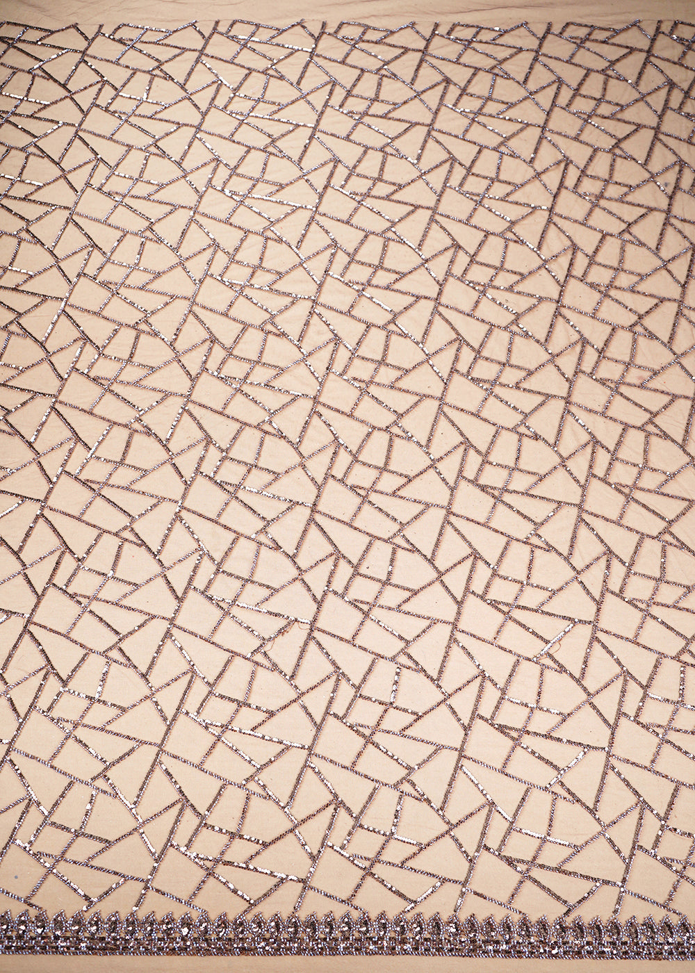 Light Coffee Brown Imported Net Fabric with Allover Sequins and Bead Work with One-Side Border 19719