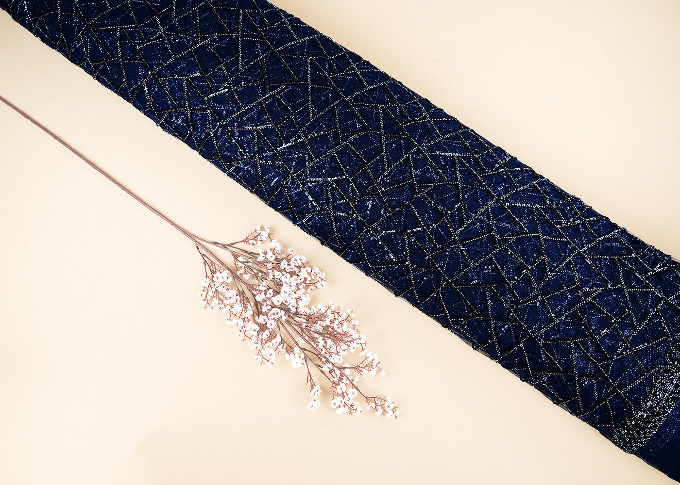 Navy Blue Imported Net Fabric with Allover Sequins and Bead Work with One-Side Border 19720