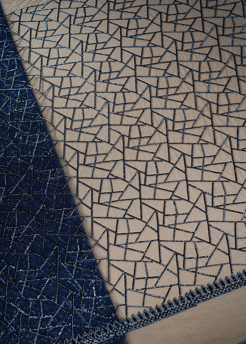 Navy Blue Imported Net Fabric with Allover Sequins and Bead Work with One-Side Border 19720