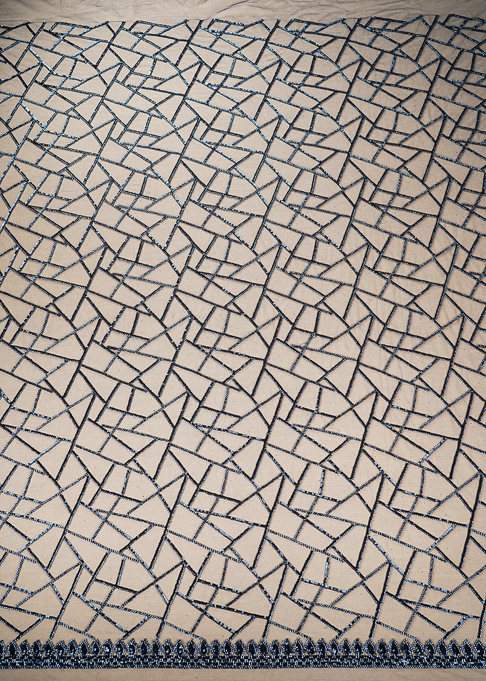 Navy Blue Imported Net Fabric with Allover Sequins and Bead Work with One-Side Border 19720