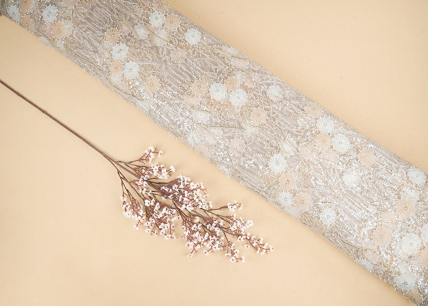 Cream Imported Net Fabric with Allover Ribbon Work, Katdana & Bead Work with Two-Side Scalloped Edges 19721