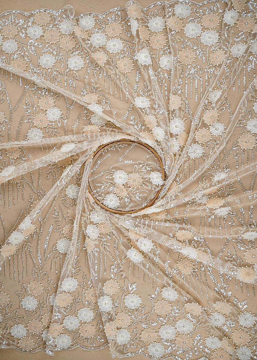 Cream Imported Net Fabric with Allover Ribbon Work, Katdana & Bead Work with Two-Side Scalloped Edges 19721