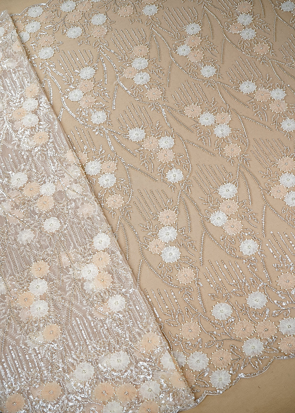 Cream Imported Net Fabric with Allover Ribbon Work, Katdana & Bead Work with Two-Side Scalloped Edges 19721