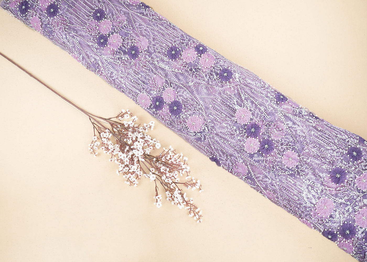 Purple Imported Net Fabric with Allover Ribbon Work, Katdana & Bead Work with Two-Side Scalloped Edges Border 19722