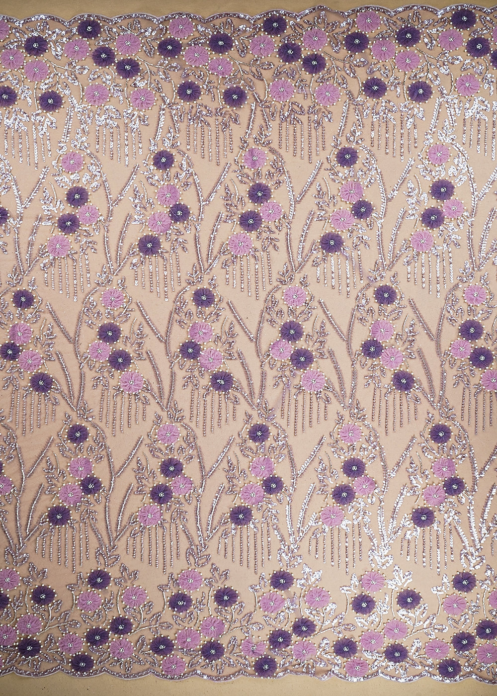 Purple Imported Net Fabric with Allover Ribbon Work, Katdana & Bead Work with Two-Side Scalloped Edges Border 19722